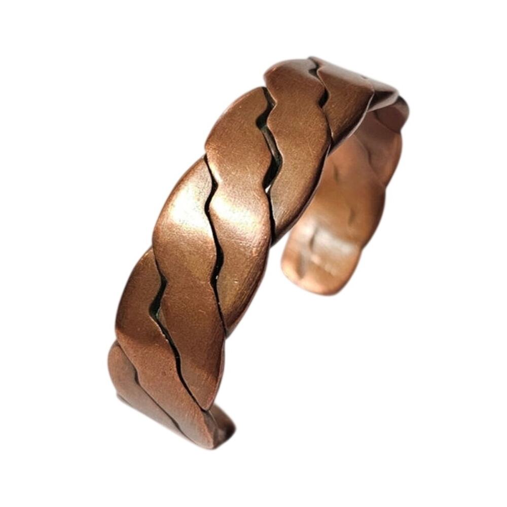 Heavy Vintage Mid-Century Solid Copper Interlocking Woven Braided Cuff Bracelet